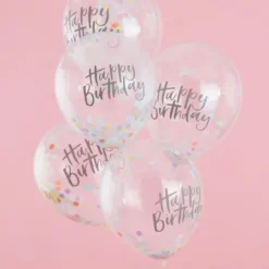 Ballon transparent med konfetti og Happy Birthday
