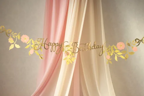 Happy Birthday guirlande i guld og blomster