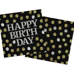 happy birthday servietter - sort/guld/sølv