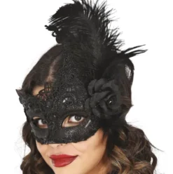 Sort blonde maske med fjer og blomst